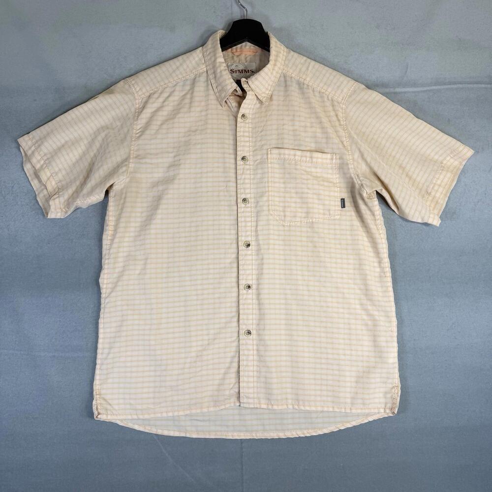 Simms Shirt Mens Medium Tan Beige Fishing Short Sleeve Button Up Pocket